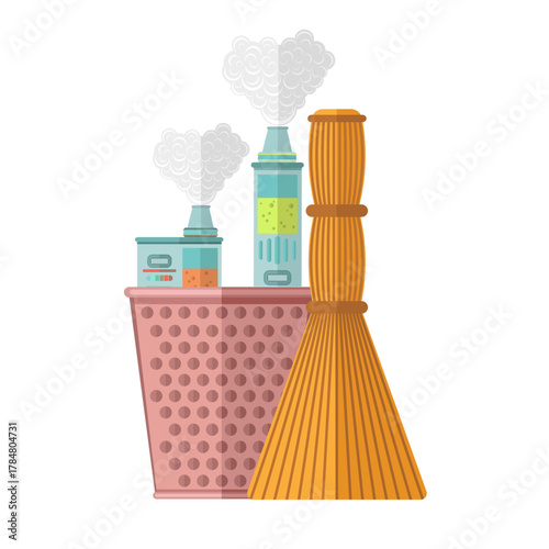 Throwed electronic vapes into trash can. Vape smoke danger concept. Flat vector illustration