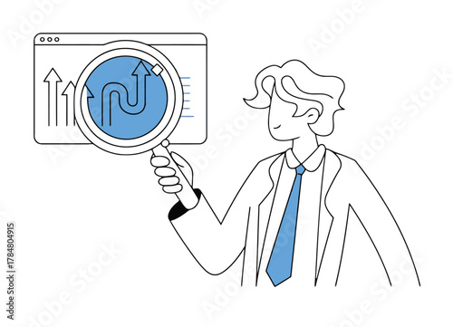 Man examining a graph with a winding arrow and upward trend using a magnifying glass looking