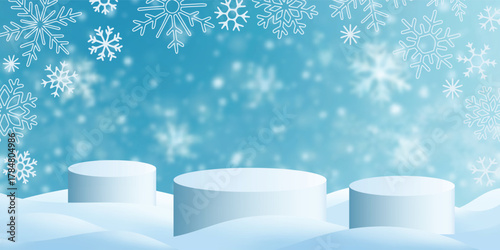 Fototapete Product podiums in a snowdrift against the backdrop of the winter sky, snowflake