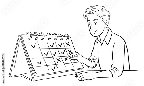 Man marking calendar with pen checking off days and tasks vector illustration