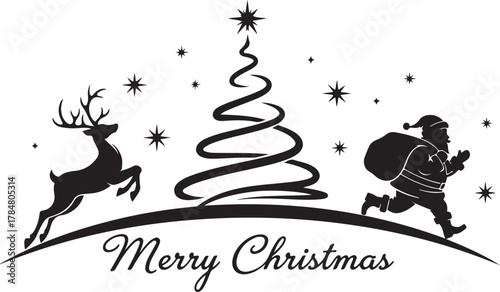 Stylized Minimalist Christmas Scene with Abstract Tree, Reindeer and Santa