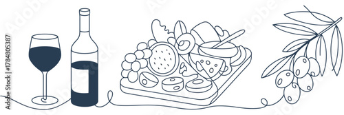 Minimalist line art of wine bottle glass cheese board and olive branch Keywords: wine, bottle, glass, cheese, board, olives, branch, grapes