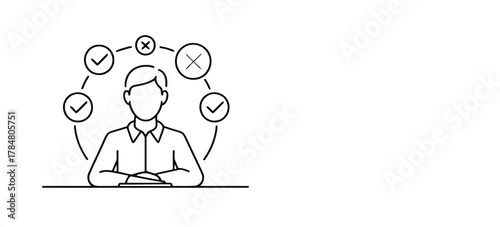 Person sitting at a desk with checkmarks and an X symbol in a circular flow decision choice