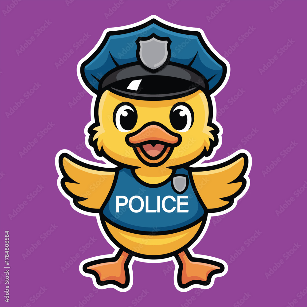 Obraz premium Cute cartoon duck wearing a police uniform and hat for sticker format.