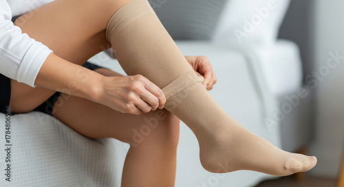 Woman putting on compression stockings for leg health and circulation, medical support.