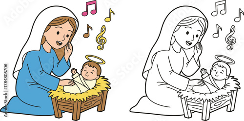Mary Adoring Baby Jesus in Manger with Music Notes Cute Cartoon in Color and Line Art