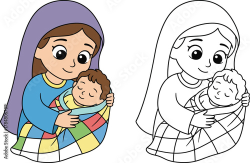 Mary Holding Swaddled Baby Jesus in Colorful Blanket Cute Cartoon in Color and Line Art