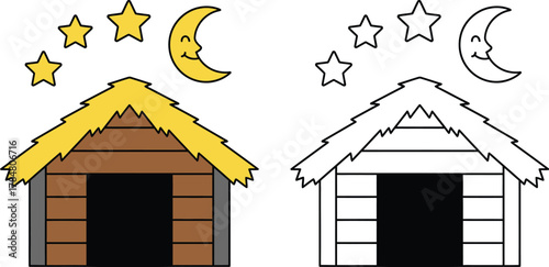 Nativity Stable with Smiling Moon and Stars Simple Cartoon in Color and Line Art