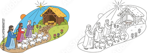 Shepherds and Flock Journeying to Nativity Stable with Star Cartoon Color and Line Art Scene