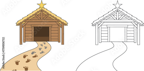 Rustic Nativity Stable with Footprints Path and Star Full Color and Line Art Versions