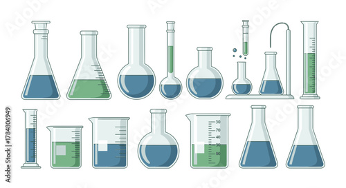 Science glassware with colorful liquid for chemistry research, a clean and modern design perfect for educational materials, presentations, or scientific publications