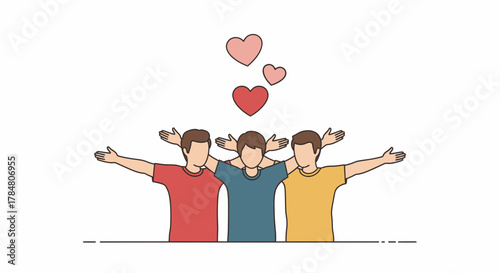 Celebrate Brotherhood: Three friends stand together with open arms and hearts, showcasing unity, love, and connection in a modern, minimalist style