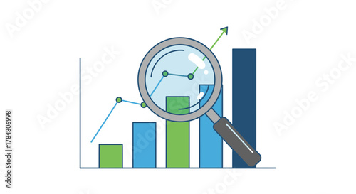 Analyze growth trends with a magnifying glass, chart shows positive upward progress, investigate and improve business success, financial analysis tool