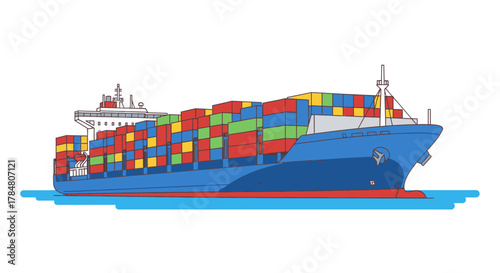 Colorful cargo ship sailing smoothly across the ocean, transporting essential goods globally, ideal for supply chain, logistics, and international trade marketing