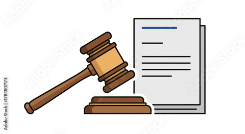 Court gavel with legal documents illustration ideal for law firms, government agencies, or legal websites needing authoritative visuals for justice and fairness