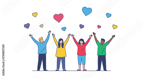 Diverse team celebrates with hearts, symbolizing love, unity, and community support for positive impact and shared success, originally scalable vector graphic
