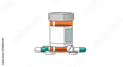 Medication bottle with pills and capsules conveys health, treatment and wellness in a simple and engaging way perfect for healthcare and pharmaceutical designs