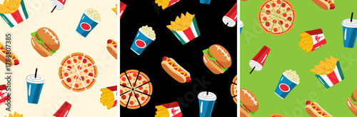 vibrant sport event fastfood seamless background set junk food graphic texture for american football game hot dog burger pizza french fries nachos popcorn soda