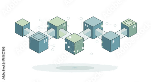 Modern blockchain network illustration connecting digital cubes, ideal for technology, data, innovation visuals, showcasing secure connections and distributed systems