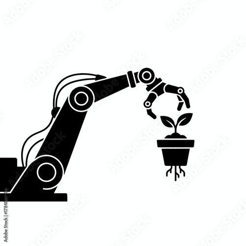Illustration of a robotic arm tending to a potted plant with visible roots and two leaves present