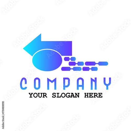 Left Arrow Logo. Blue Purple Gradient Geometric Arrow Shape with Oval. Can be used for Business and Technology Logos. Flat Vector Logo Design Template.