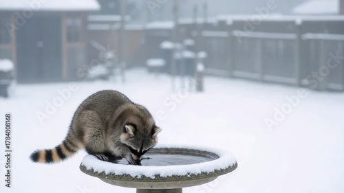 A cute raccoon drinking water from a birdbath in the snow. Wild animal surviving in a cold suburban backyard during winter. Urban wildlife concept with copy space