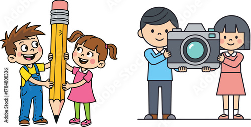 Kids holding giant pencil and camera, creativity education, art and photography learning, teamwork, imagination, childhood creativity, educational concept illustration