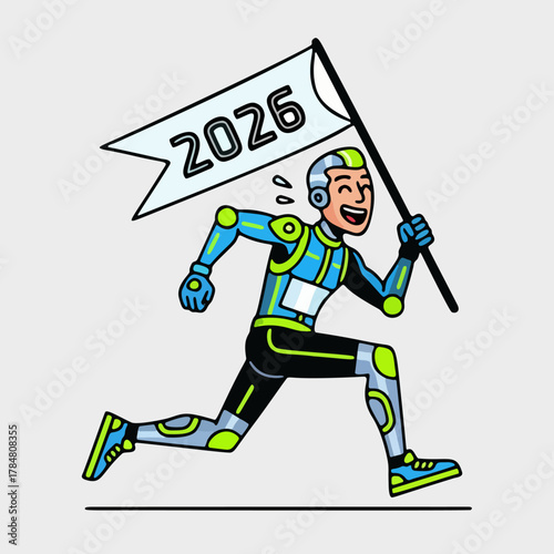 Dynamic illustration of an advanced cyborg athlete racing enthusiastically into the year 2026, waving a flag representing future achievements and innovation