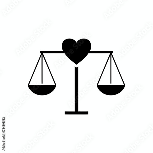 Illustration of a balance scale with two hanging scales and a heart at the center in black and white