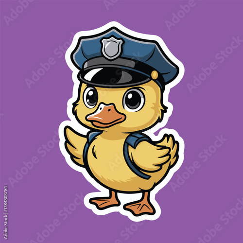 Cute cartoon baby duck wearing a police officer hat and backpack for sticker format.