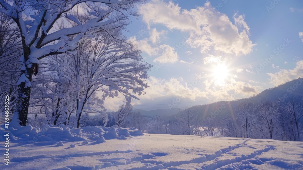 Obraz premium ミントグリーンに舞う雪の結晶の背景素材