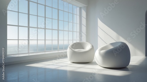 Modern Interior Design with Minimalist White Chairs and Stunning Ocean View Through Large Windows in Bright Well-Lit Space