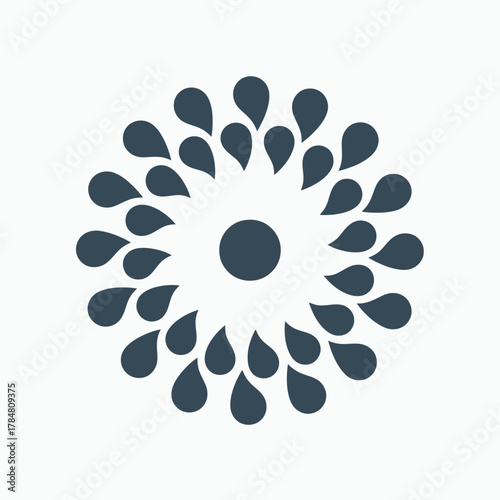 Circular arrangement of teardrop shapes radiating from a central circle in a symmetric design