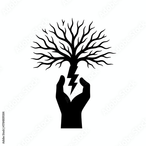 Silhouette of a tree with bare branches held in a hand with a lightning bolt between the hands design