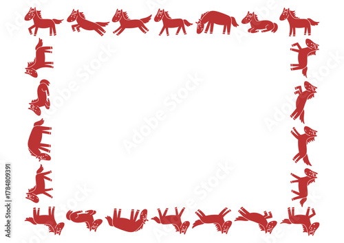 赤色の馬模様のフレームイラスト いろいろなポーズの馬