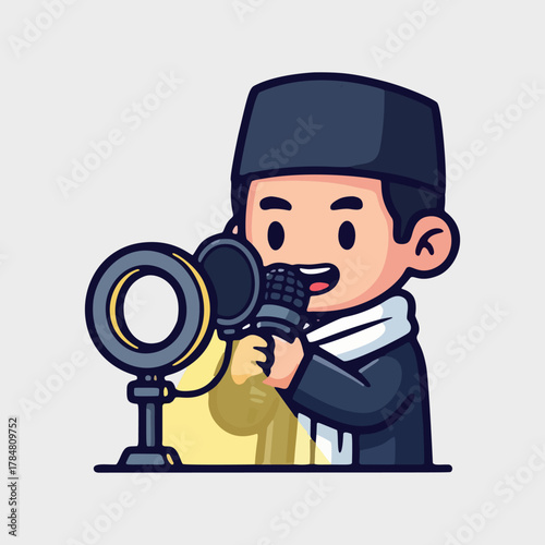 Charming cartoon of a young Muslim boy in traditional attire, passionately delivering a sermon or podcast into a studio microphone