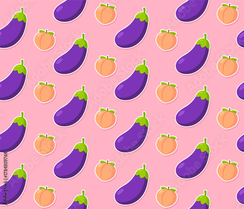 Cartoon eggplant and peach emoji seamless pattern on pink background. Cute humorous vector illustration.