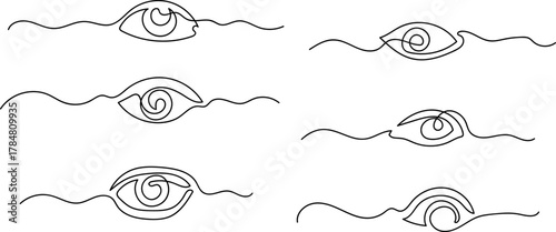 a set of eyes, one line drawing. 6 kinds of eye types