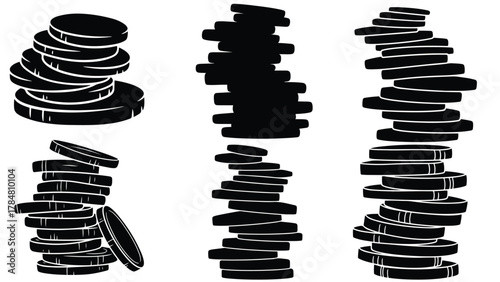 Coin Stack Silhouette Icon Set — Solid Black Coin Pile Vectors for Finance, Payments & Infographics