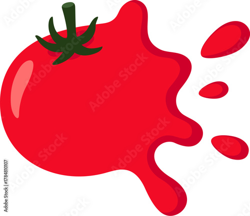 Throwing tomatoes. Hand drawn cartoon tomato hitting with juice splatter. Isolated vector clip art illustration.