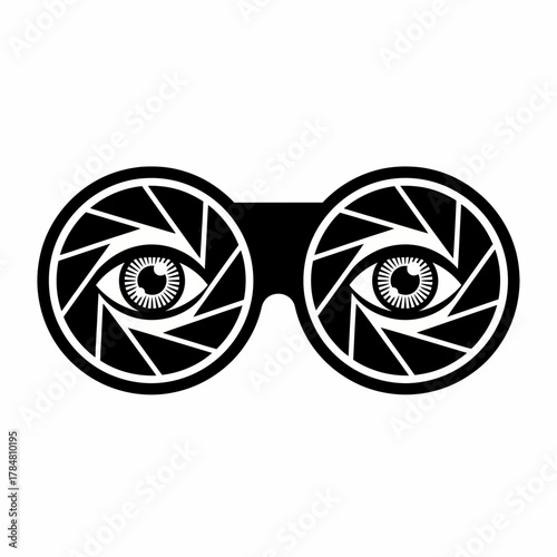 Black glasses with eyes inside the lenses and triangular shapes surrounding the eyes in the lenses