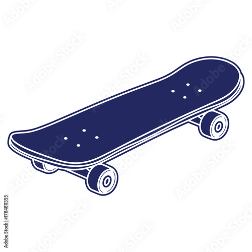 Stylish skateboard illustration with navy blue deck and white outline for extreme sports and recreational activities representation