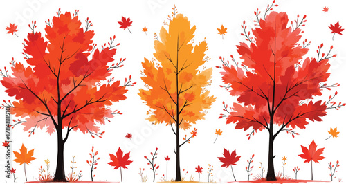 Autumn trees vector illustration with vibrant fall colors and leaves