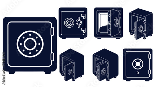 Safe Vault Filled Silhouette Icons — Solid Black Strongbox Vectors for Secure Storage & Banking