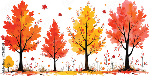 Autumnal array of watercolor trees shedding colorful leaves on white backdrop