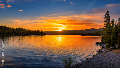 Sunset Over Lake Coeur D Alene In Idaho State The Orange And Yellow Sky Over The Calm Water In Nature Is Beautiful