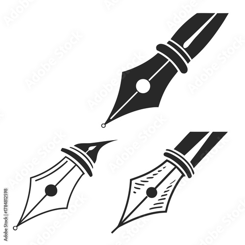 Collection of three stylized fountain pen nibs on white background