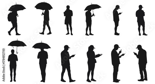silhouettes of people using phones and holding umbrellas walking outdoors in the city depicting urban lifestyle and connectivity