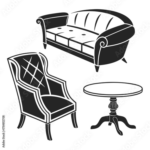 Classic furniture set sofa armchair and round table silhouette