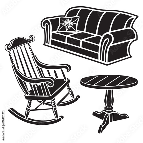 Black and white silhouette of a sofa rocking chair and small table